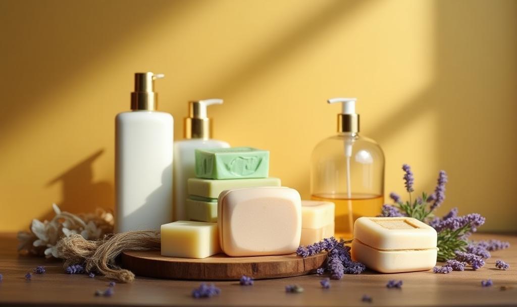 Assortment of natural handmade soaps and skincare products on a wooden surface with flowers